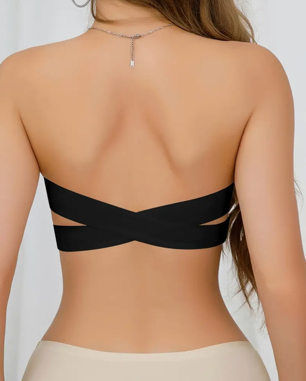 Wireless Bandeau Bralette with Side Closure, Sexy Strapless Nylon Knit Fabric - Removable Padding, Cross Strap Detail, Solid Color Stretch Bandeau for Adults - Nylon 75%, Elastane 25%